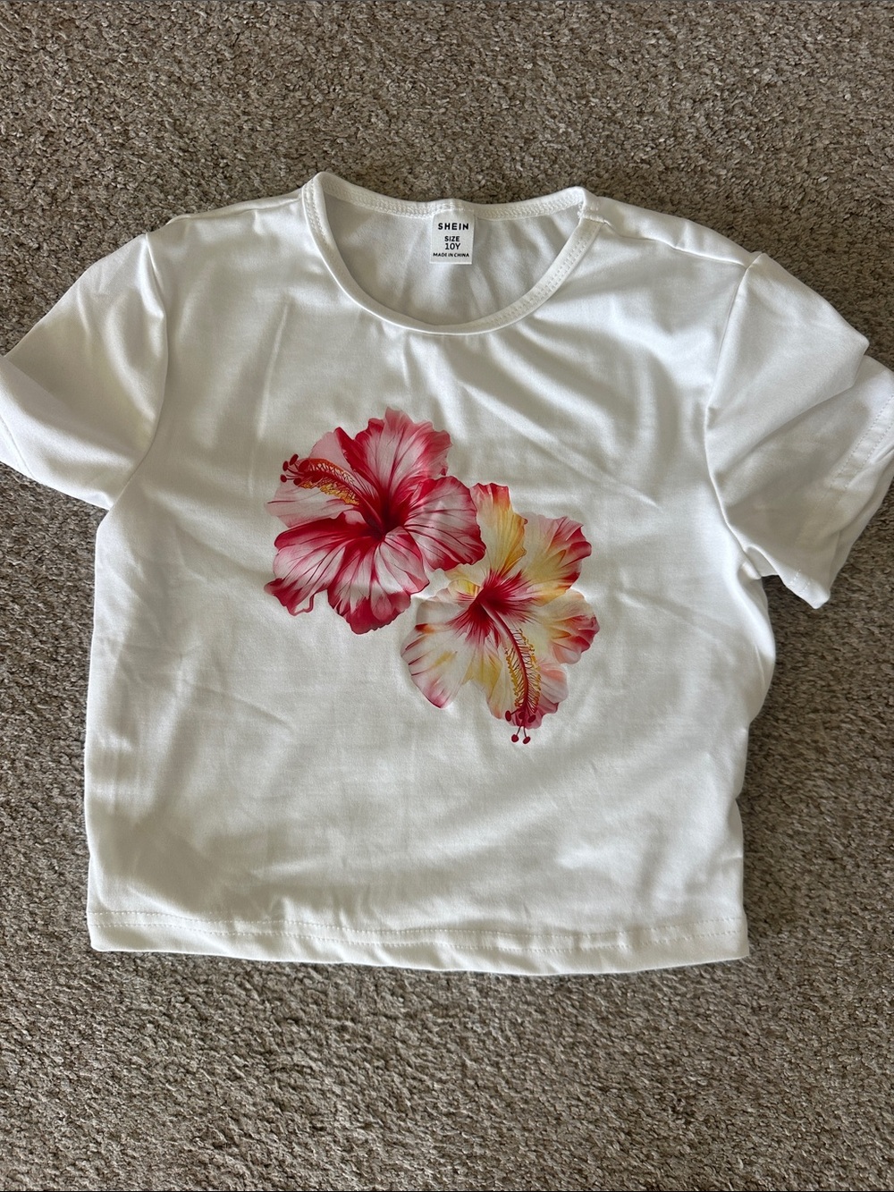 SHEIN White Crop Top with Pink and Yellow Hibiscus Print